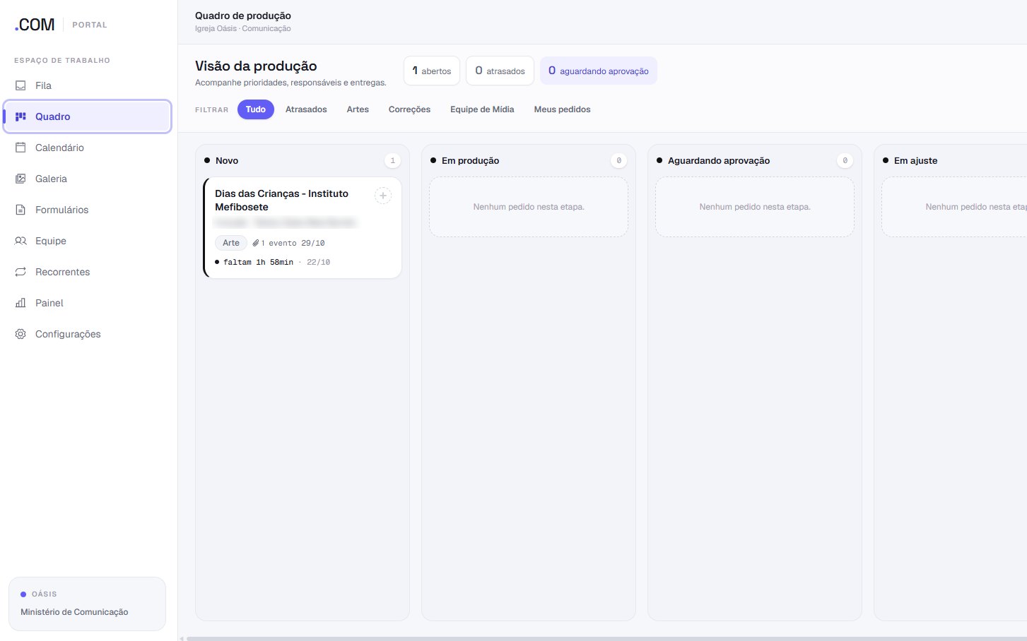 Quadro kanban de produção do .COM Portal
